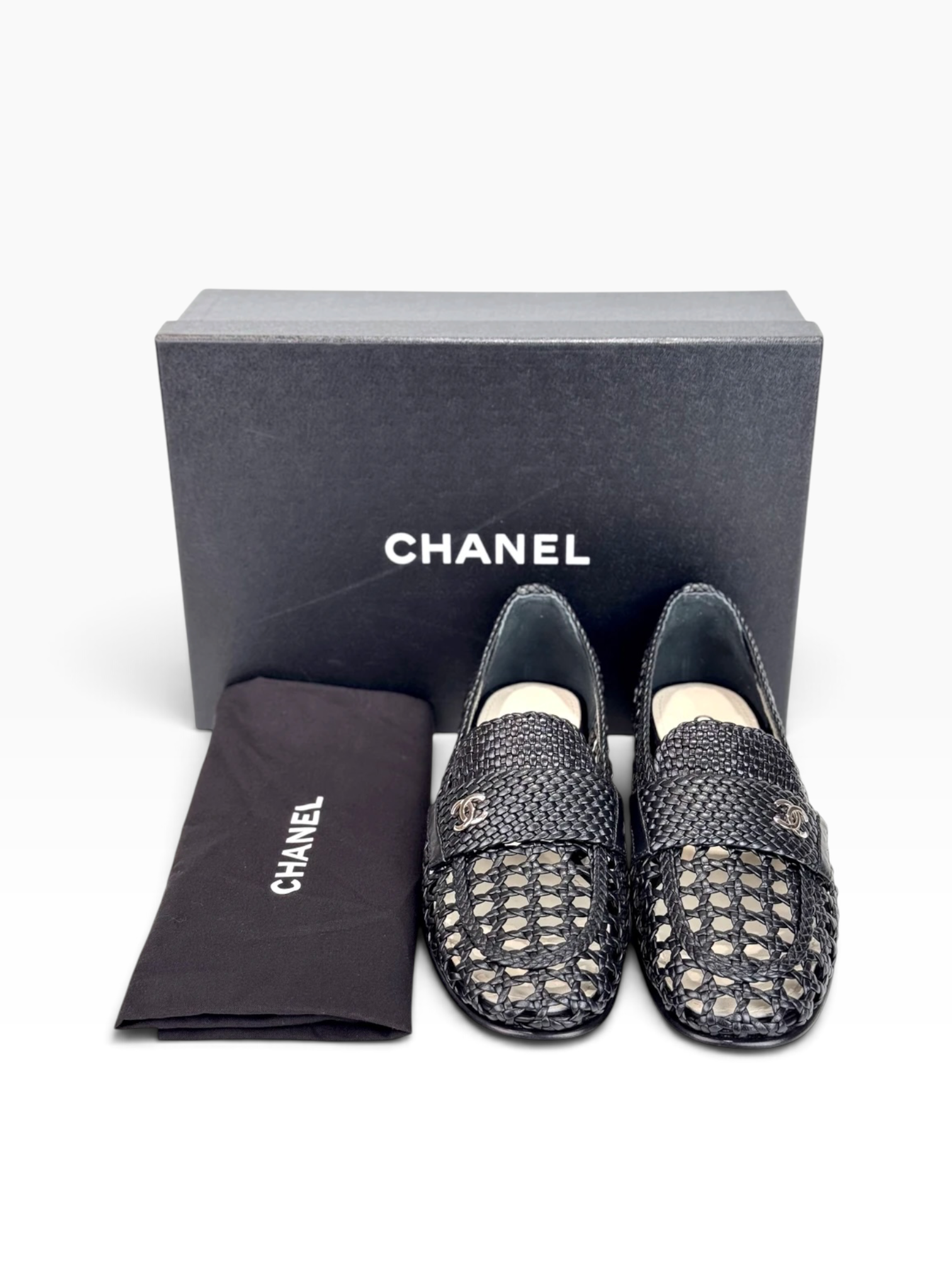 Chanel Shiny Braided Loafers Black #37.5