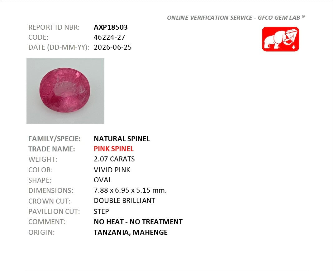 2.07ct Vivid Pink Spinel Mahenge DXBCS5728