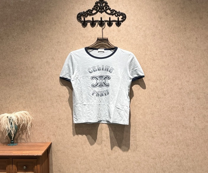 Celine 24SS New Dusty Blue Triumph Logo Short-Sleeve T-Shirt / Size L / 99% New / 45308 SYCF45308