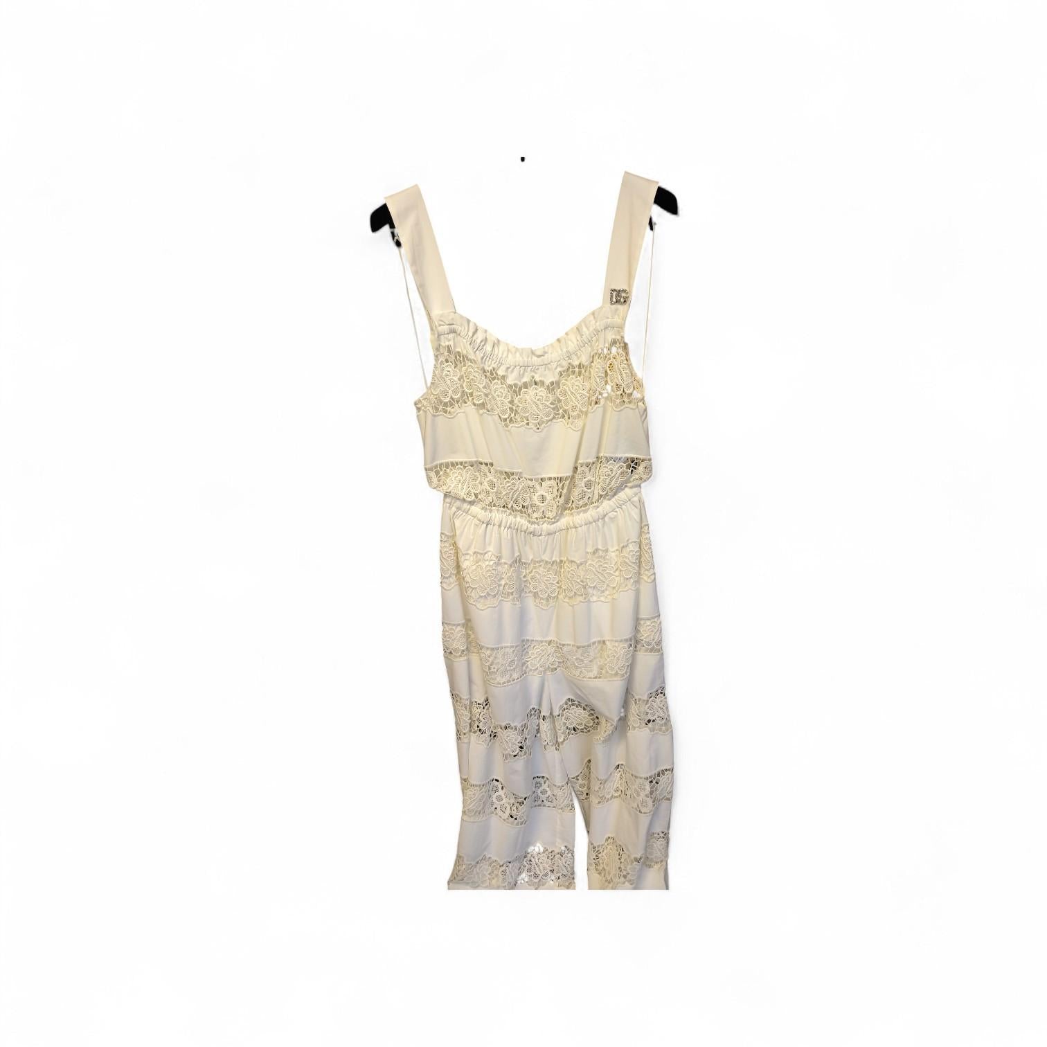 Dolce & Gabbana White Lace Strappy Jumsuit With DG Logo Silver Brooch DG4146B