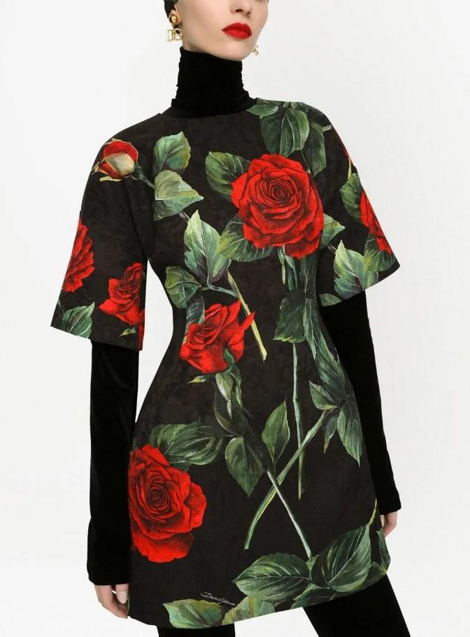 Dolce & Gabbana Dress Short sleeve Black DG rose pattern DG4074B