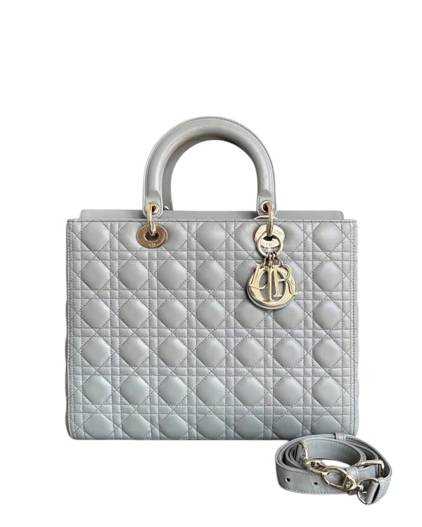 DIOR LADY LARGE FLAP - CANANGE LAMBSKIN HAZE BLUE GRAY GOLD HARDWARE SYCMDA119