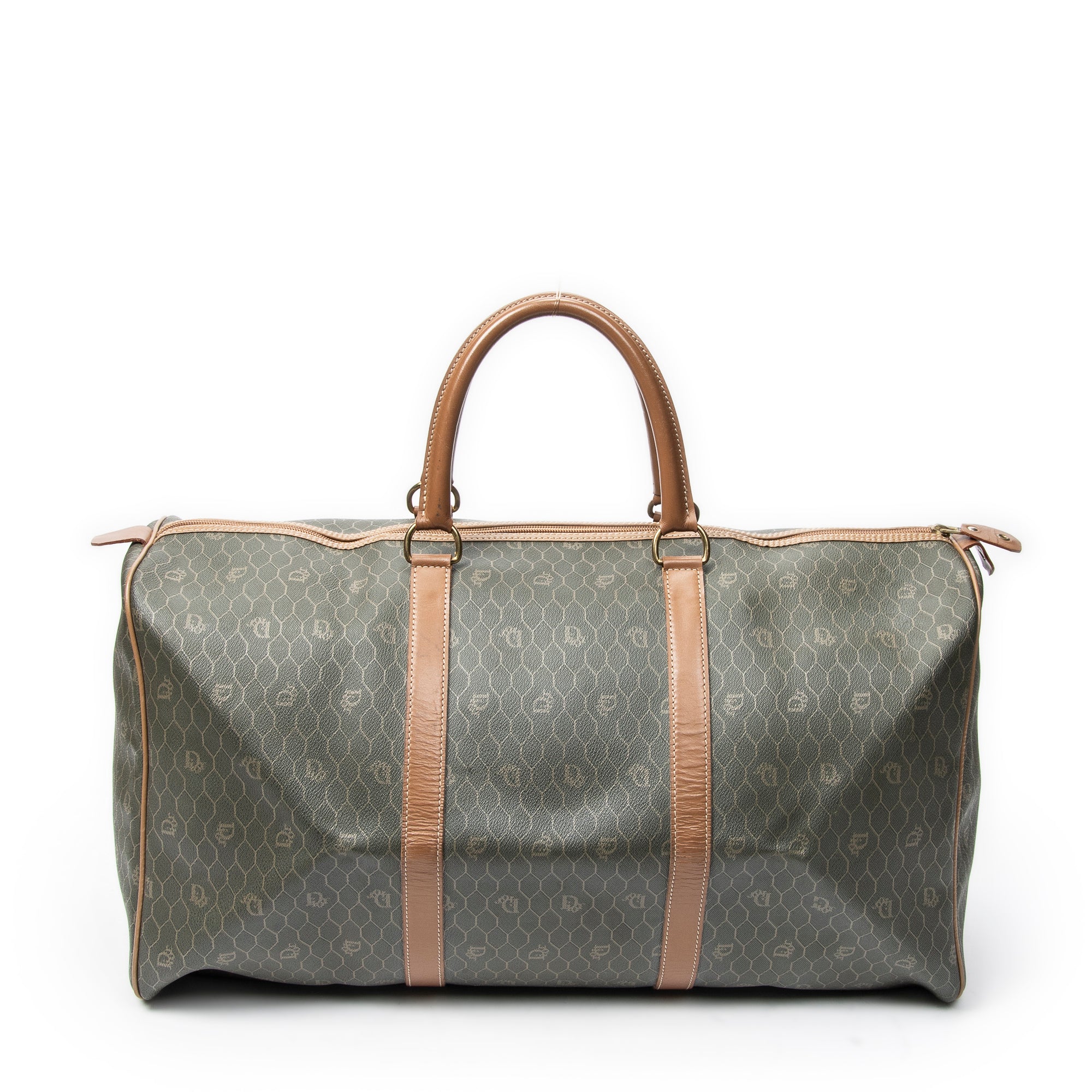 Dior Green/Brown Coated Canvas Vintage Large Travel Boston ABC4343