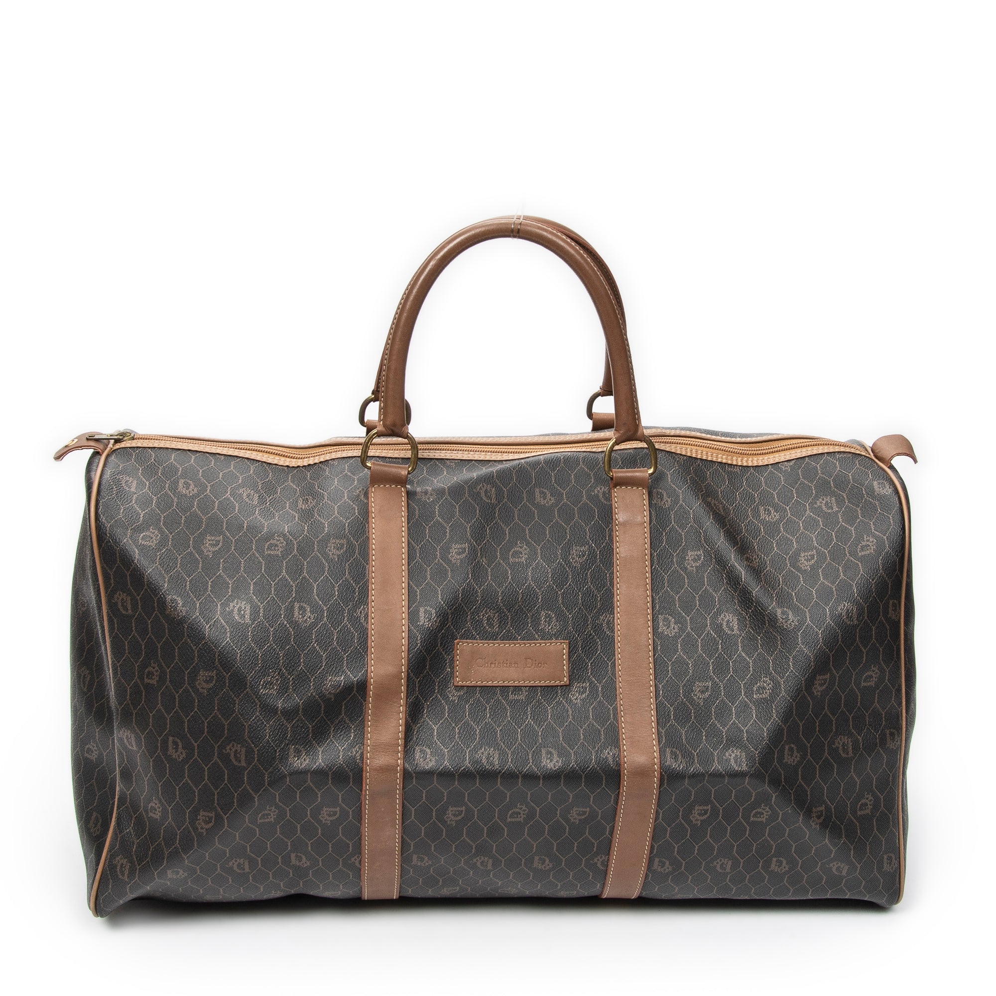 Dior Brown/Grey Coated Canvas Large Vintage Travel Boston ABC5739