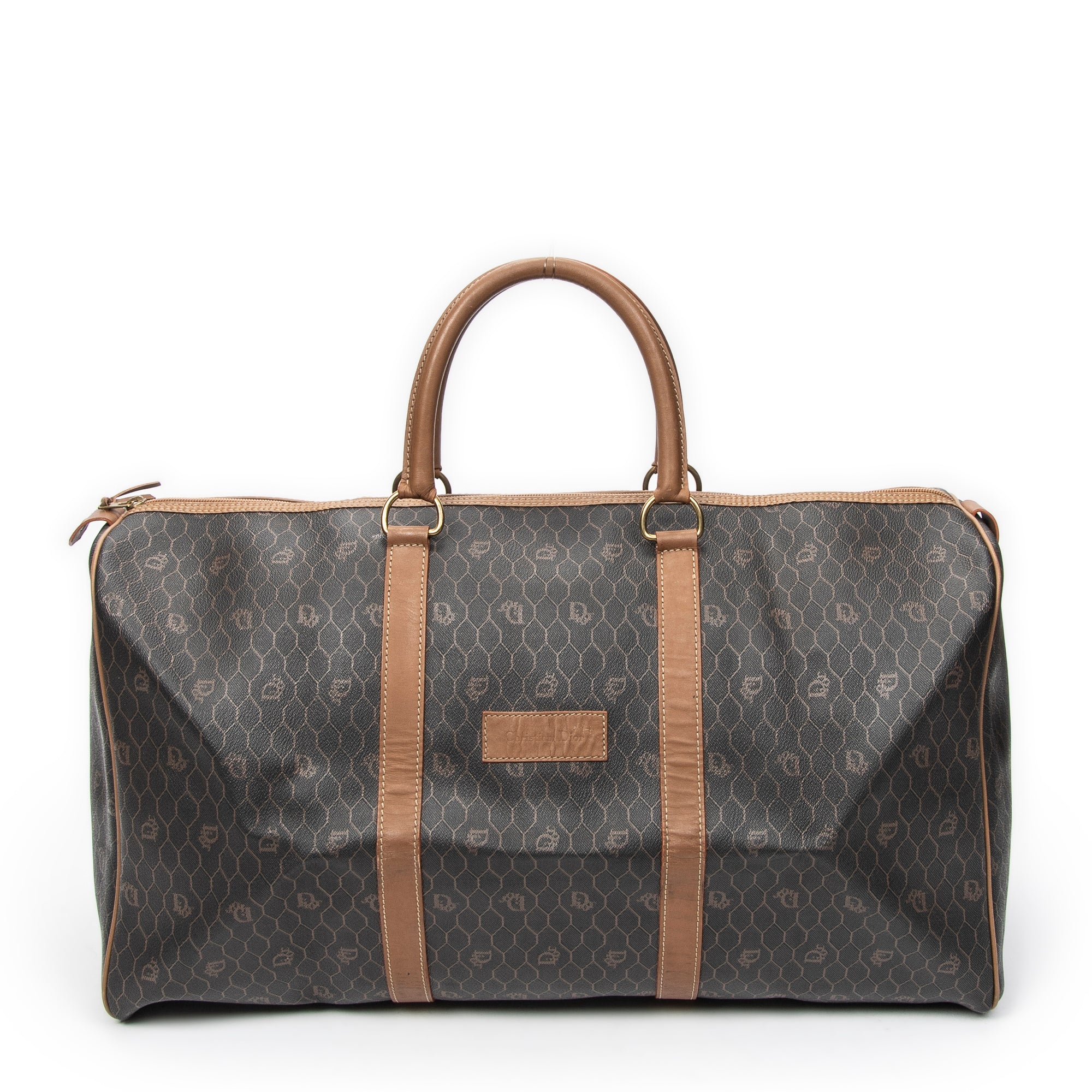 Dior Brown/Grey Coated Canvas Large Vintage Travel Boston ABC5741