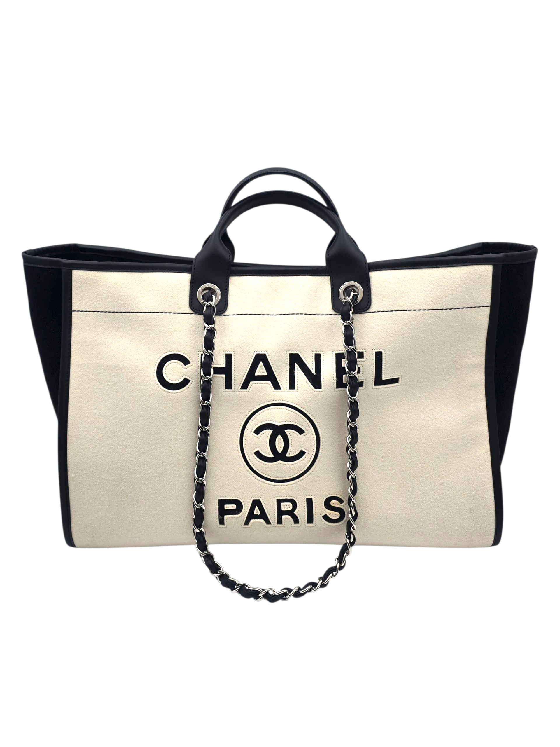 Chanel Deauville GM White / Black Shoulder Bag in Wool / Felt Silver hardware SYC432JY