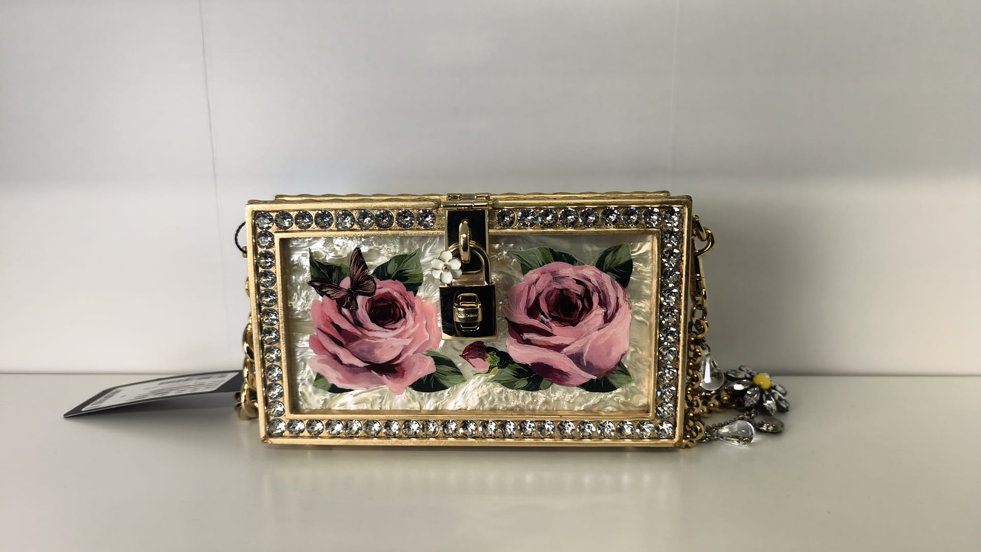 Dolce & Gabbana BOX Wooden Gold crystal pink roses hand shoulder DG535A