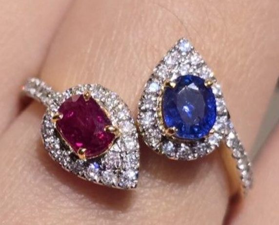 1ct Unheated Burma Ruby+Sapphire ring with natural diamonds in 18K gold SKH1148