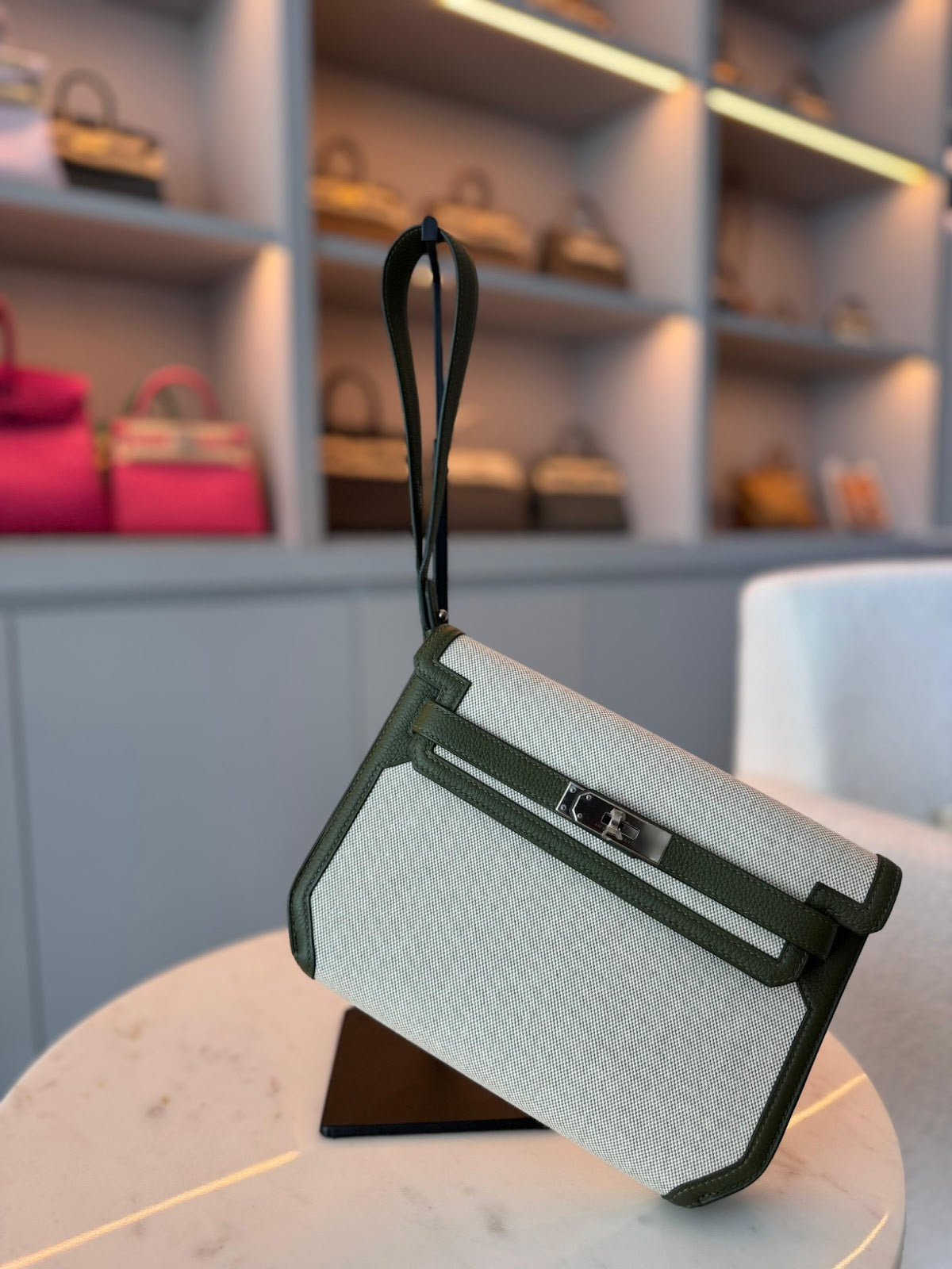 Kelly Depeches 25 Vert Amande and Ecru Toile and Togo with Palladium Hardware AGC3214