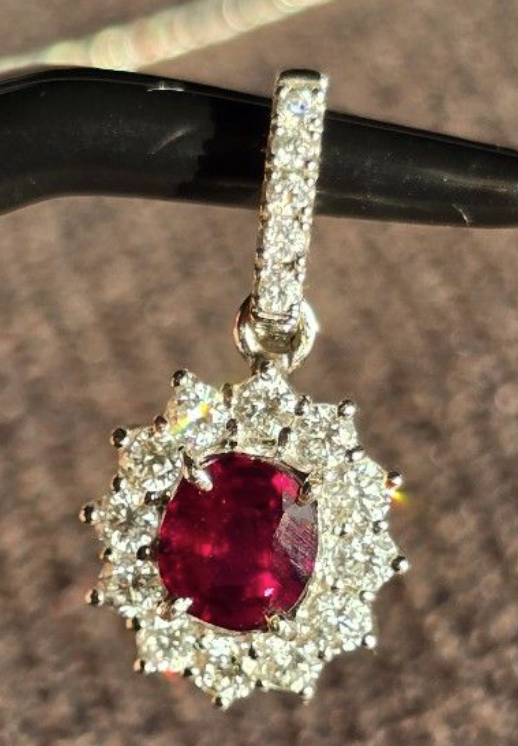 0.70ct Unheated Intense Red Burma Ruby Pendant with natural diamonds in 18K gold SKH1104