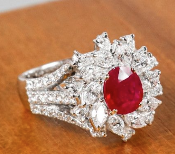 NGI certified 1.15ct Unheated Vivid Red Burma Ruby Ring with natural diamonds in 18K gold SKH1100