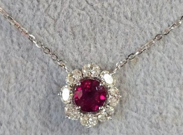 1.46ct Unheated Burma Ruby (Intense Red) necklace with natural diamonds in 18K gold setting SKH1096