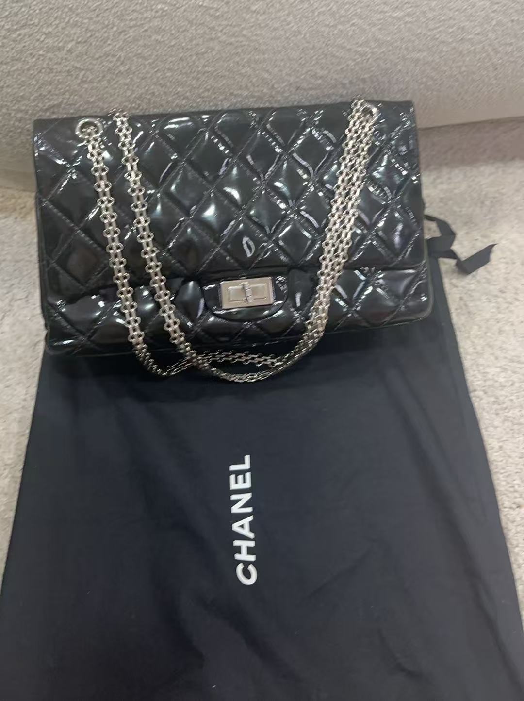 Chanel 2.55 patent leather black silver bag 31.5*19 ALC3680