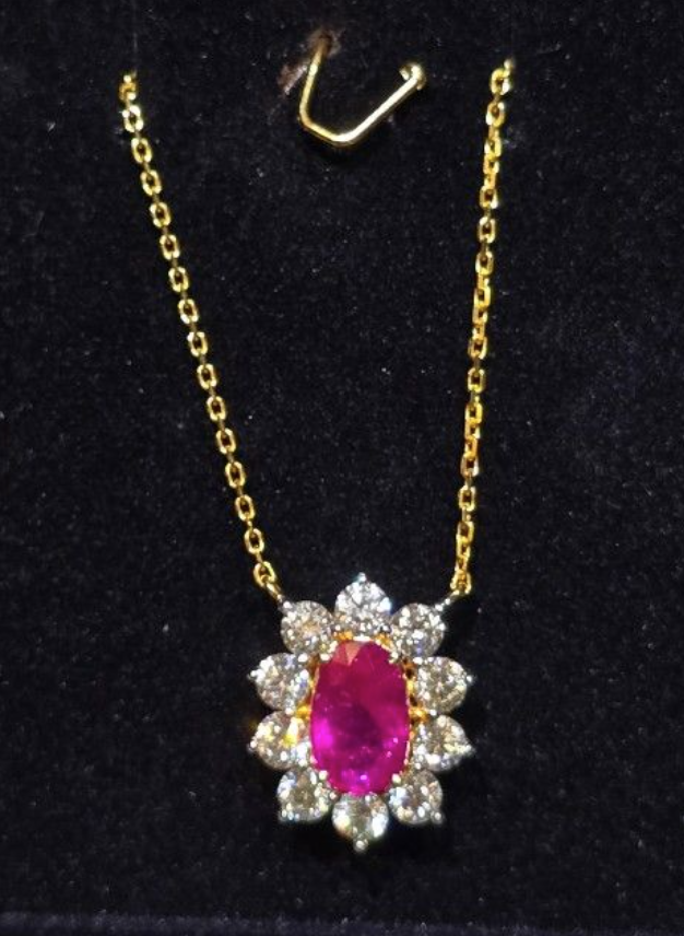 1.35ct Unheated Burma Ruby Necklace with natural diamonds in 18K gold setting SKH1086