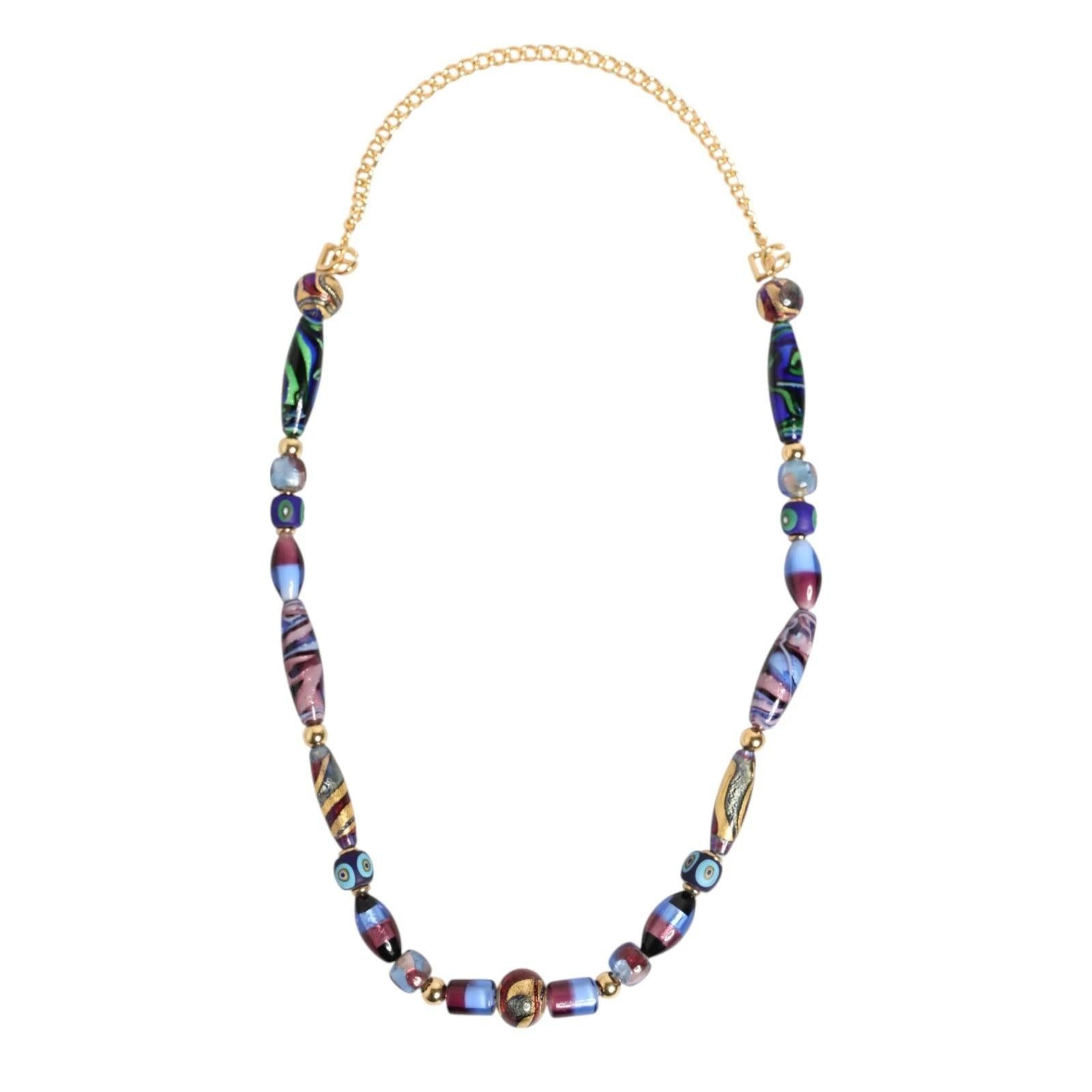 Dolce & Gabbana Necklace Multicolour Murano Glass Beads Gold Brass Chain Jewelry DG25S