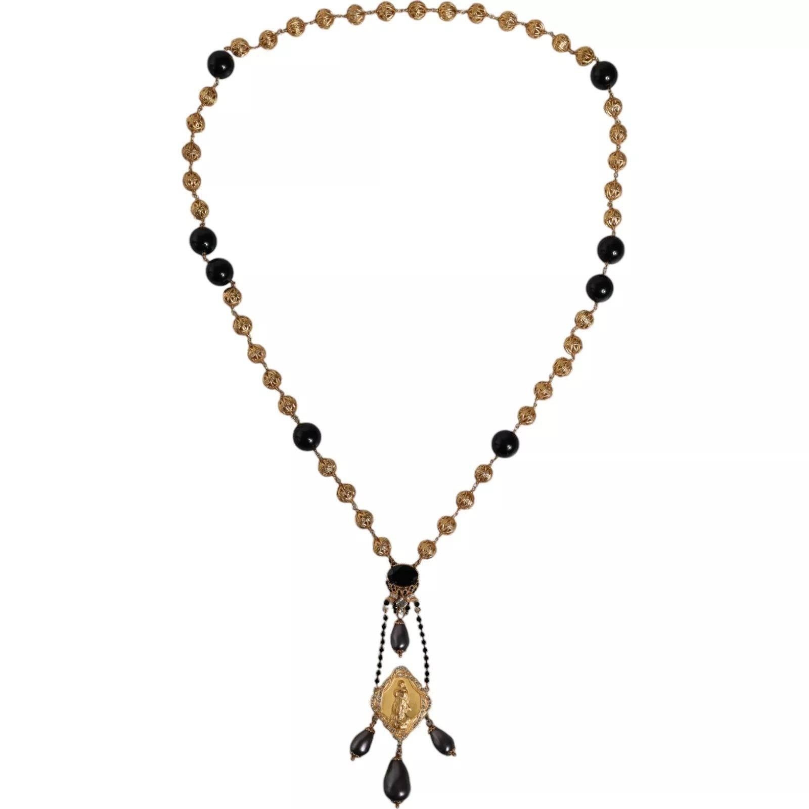 Dolce & Gabbana Necklace Gold Chain Brass Black Beaded Rosary Style DG41S