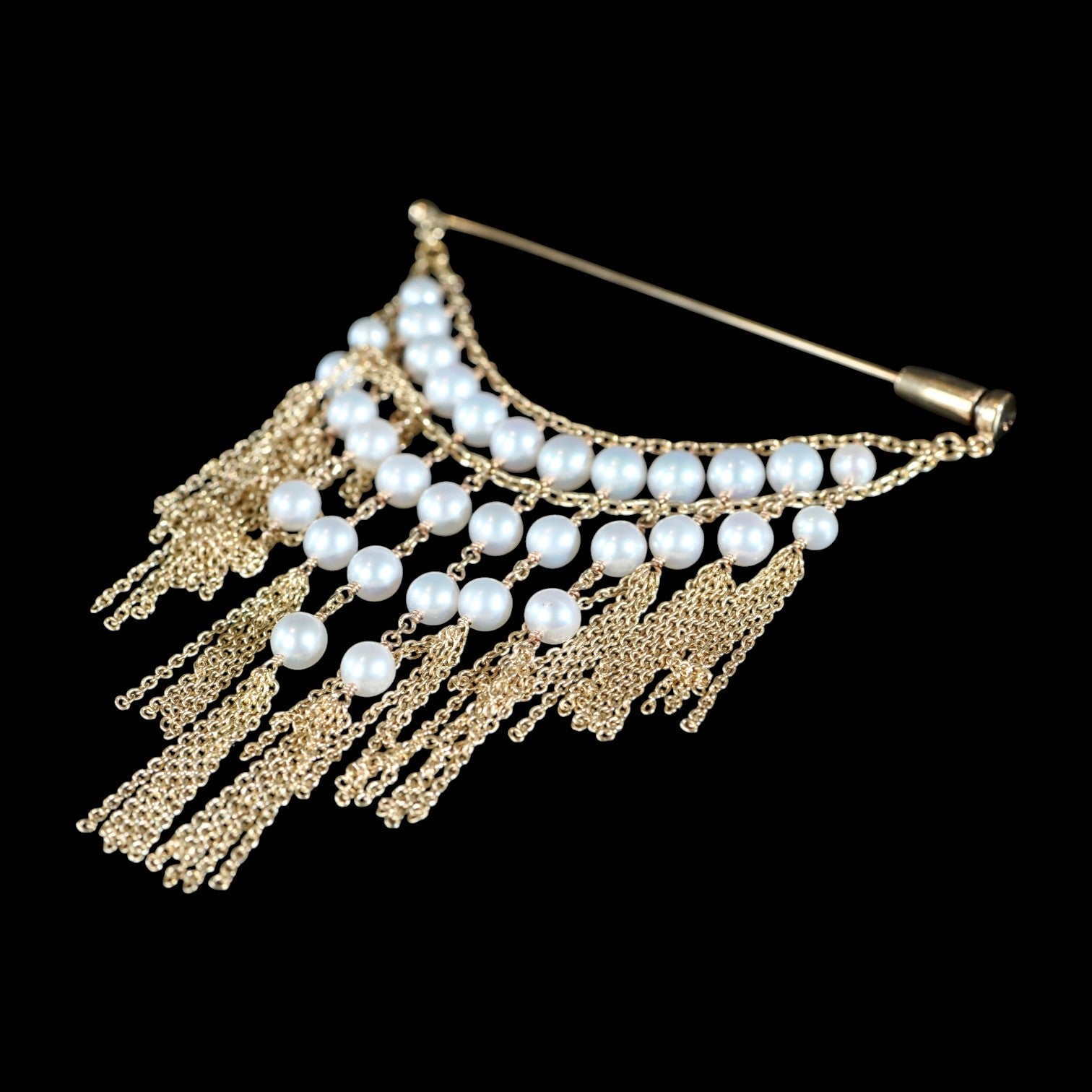 Natural Akoya Pearl Waterfall Tassel Brooch set in 18K Yellow Gold