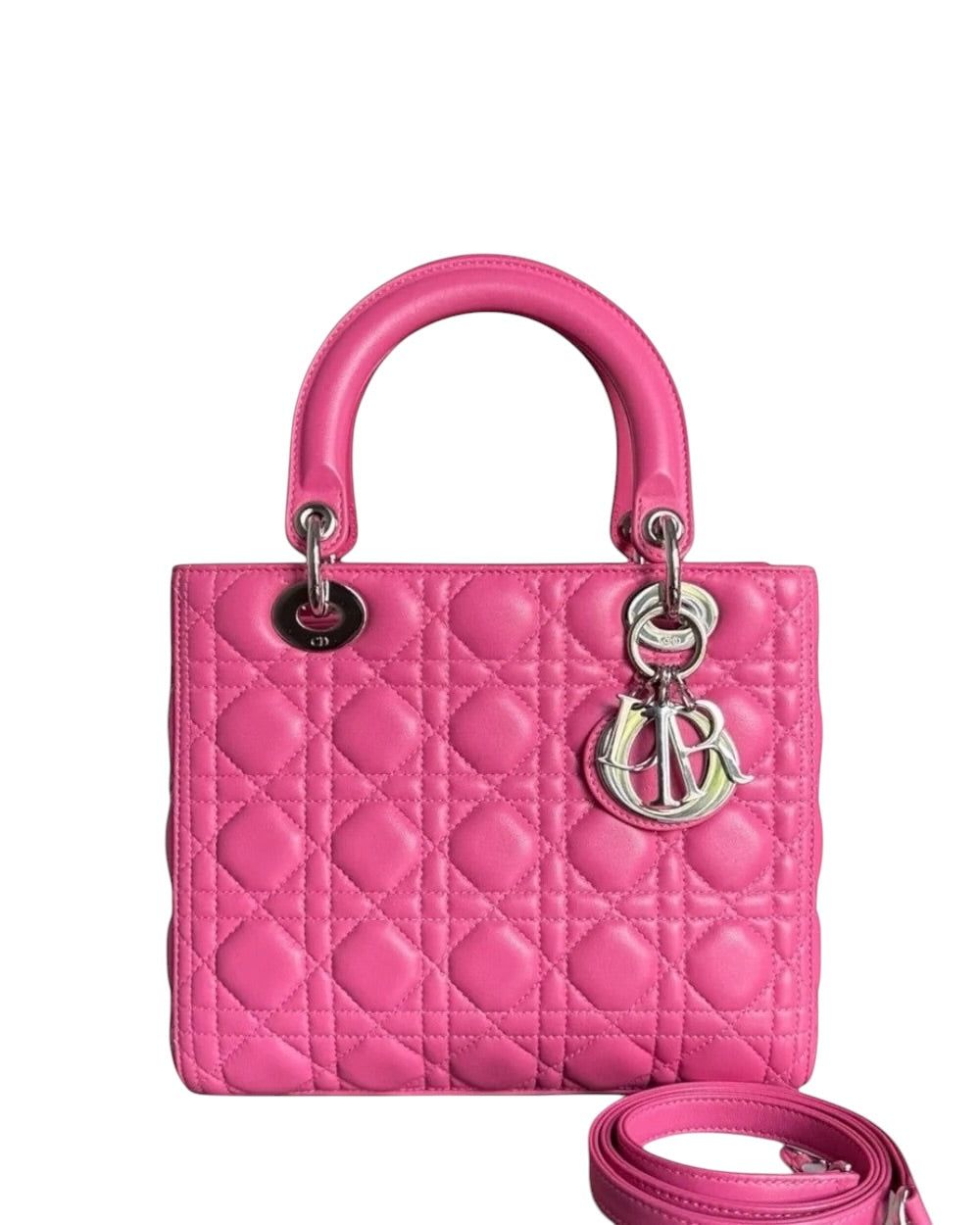 DIOR LADY MEDIUM - CANNAGE LAMBSKIN BARBIE PINK SILVER HARDWARE STRAP SYCMDA127