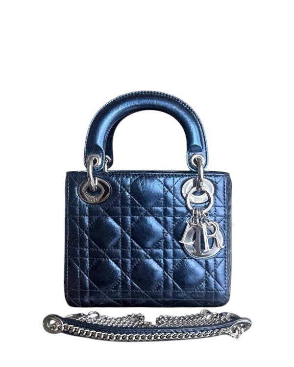 DIOR LADY MINI - CANNAGE GLAZED CALFSKIN METALLIC BLUE SILVER HARDWARE SYCMDA132