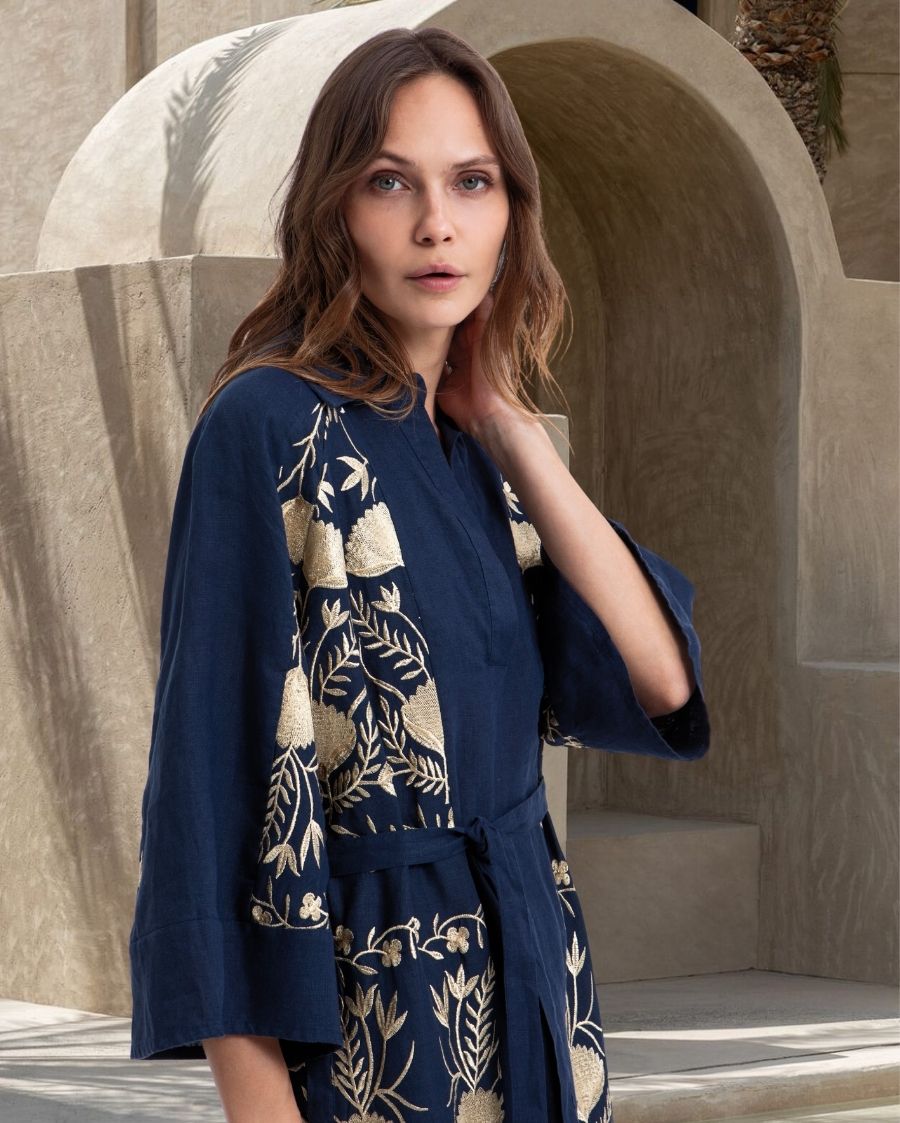Blossom Long-Sleeved V-Neck Embroidered Maxi Dress - Blue Navy Gold