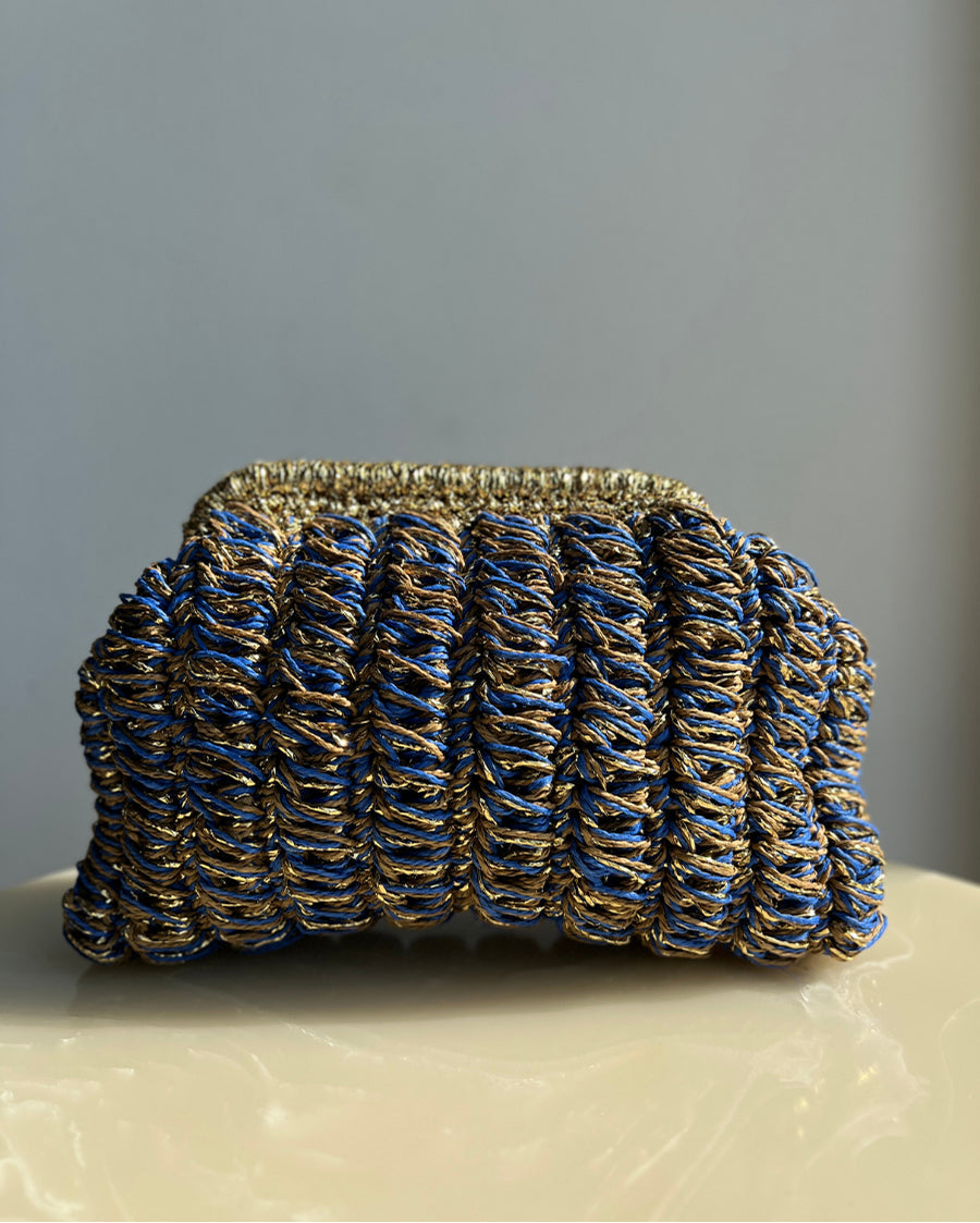 Hand-Crocheted Recta Raffia Bag in Blue with Gold Handle