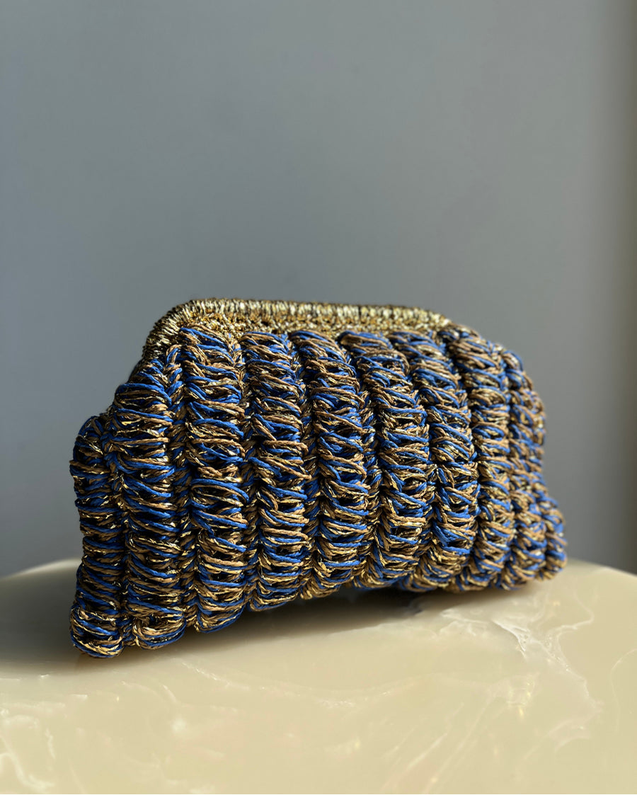 Hand-Crocheted Recta Raffia Bag in Blue with Gold Handle