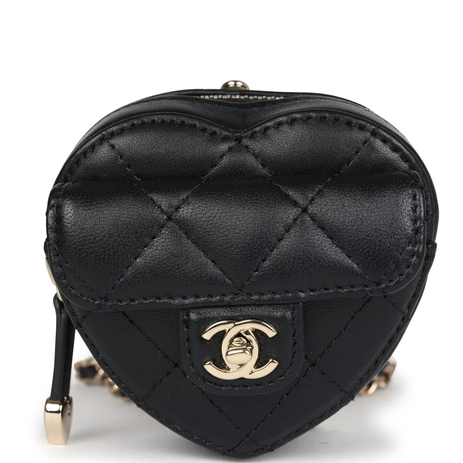 *LONDON LOCATED* CHANEL MINI HEART NECKLACE Black Lambskin Leather with Champagne-Toned Metal