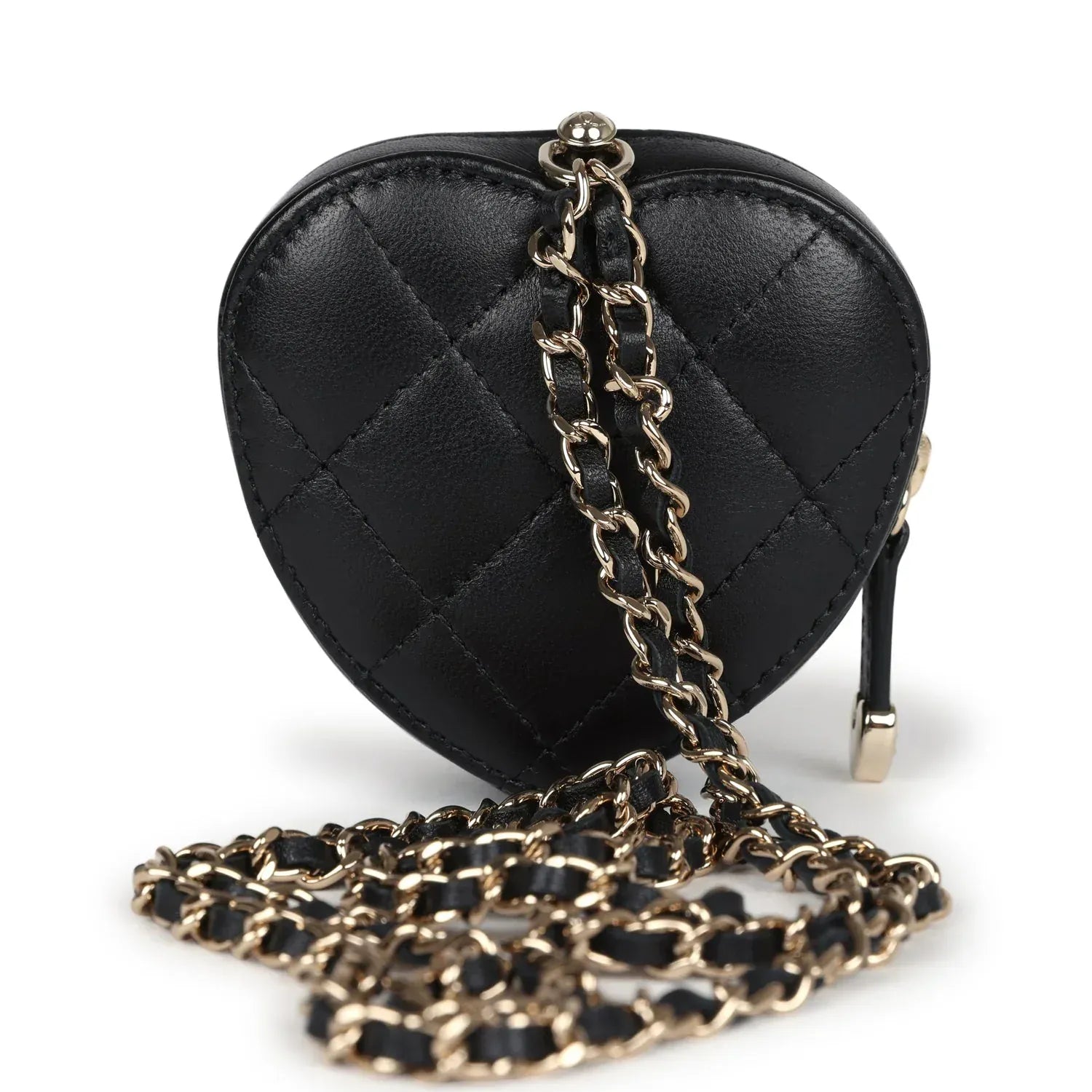 *LONDON LOCATED* CHANEL MINI HEART NECKLACE Black Lambskin Leather with Champagne-Toned Metal