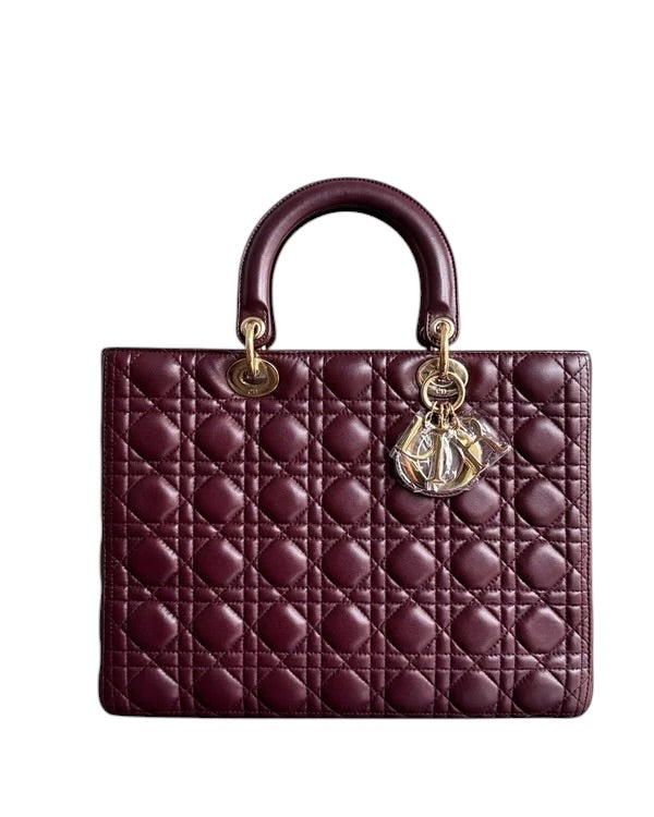DIOR LADY LARGE - CANNAGE LAMBSKIN DARK BURGUNDY GOLD HARDWARE SYCMDA112