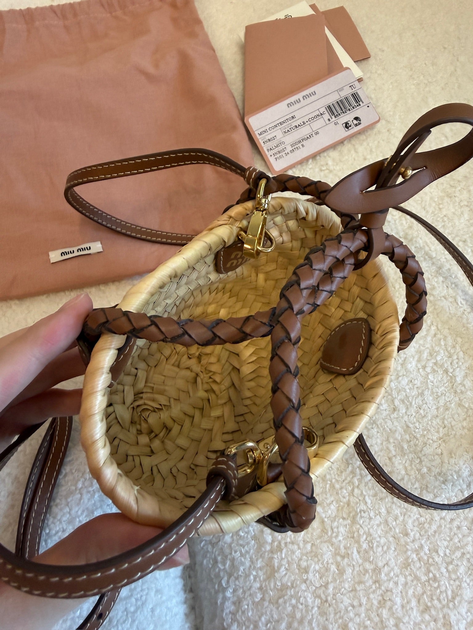Miu Miu Palmito Lettering Woven Basket Bag