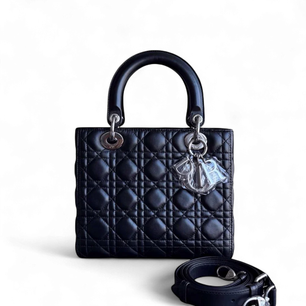 DIOR LADY MEDIUM - CANNAGE LAMBSKIN BLACK SILVER HARDWARE ADJUSTABLE STRAP SYCM517