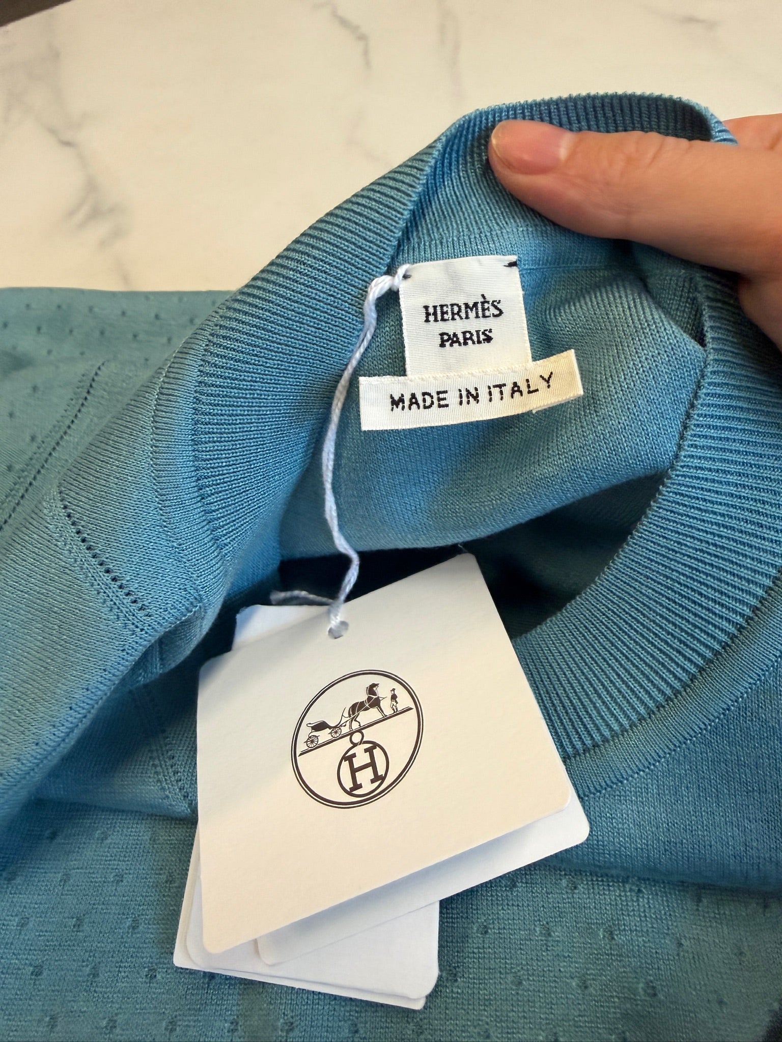 FR36 - Hermès Perforated Knit Top - Teal Blue