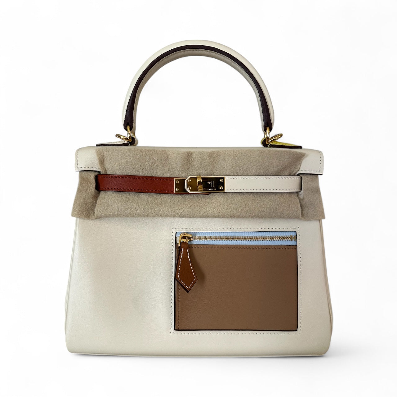 Hermes Kelly 25cm Retourne Colourmatic in Nata/Chai/Cuivre/Lime/Mauve - Full Set - U Stamp