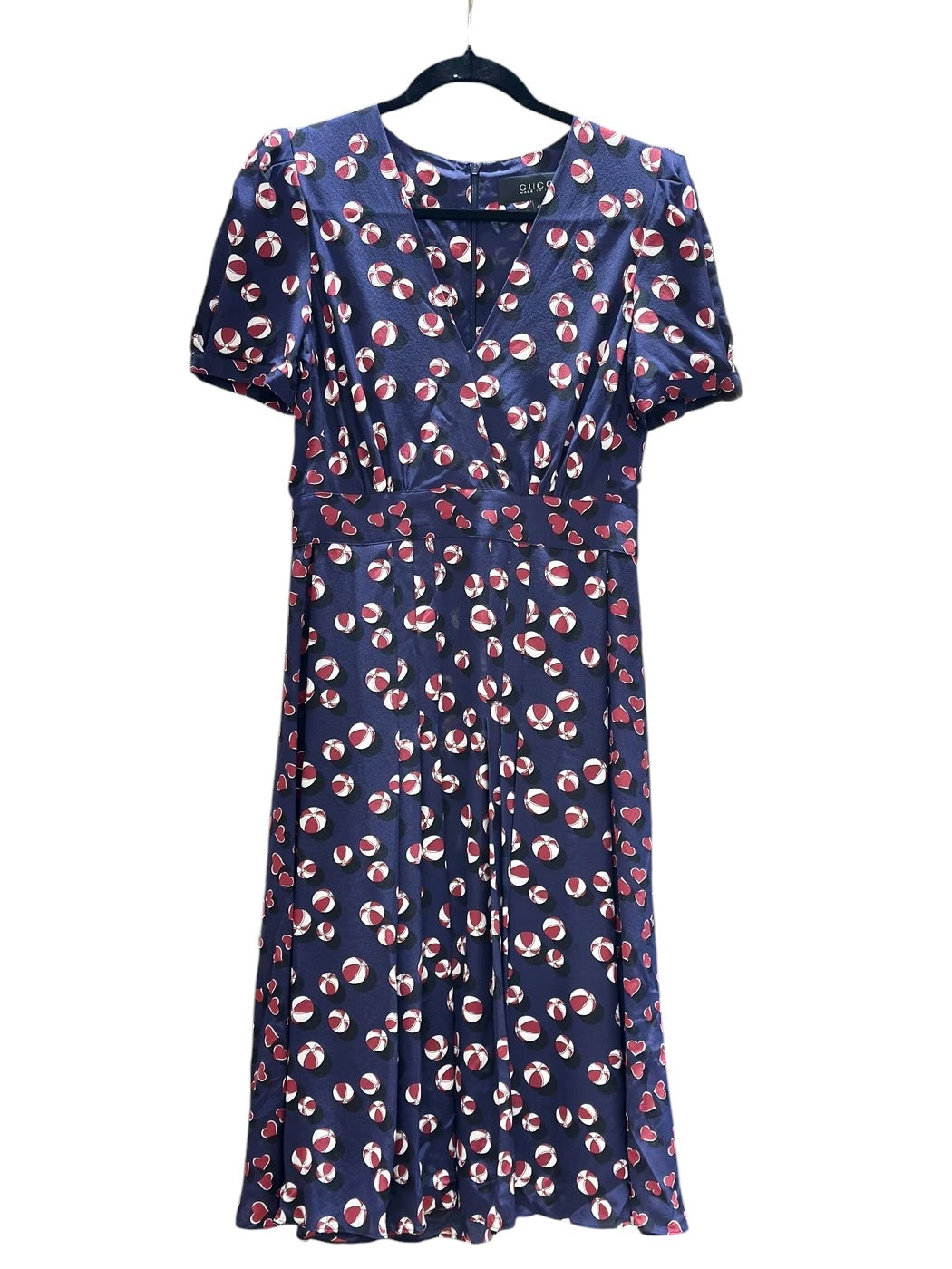 Gucci Short-Sleeved Midi Dress Navy Blue With Overall Beach Ball Prints Silk - Size 40