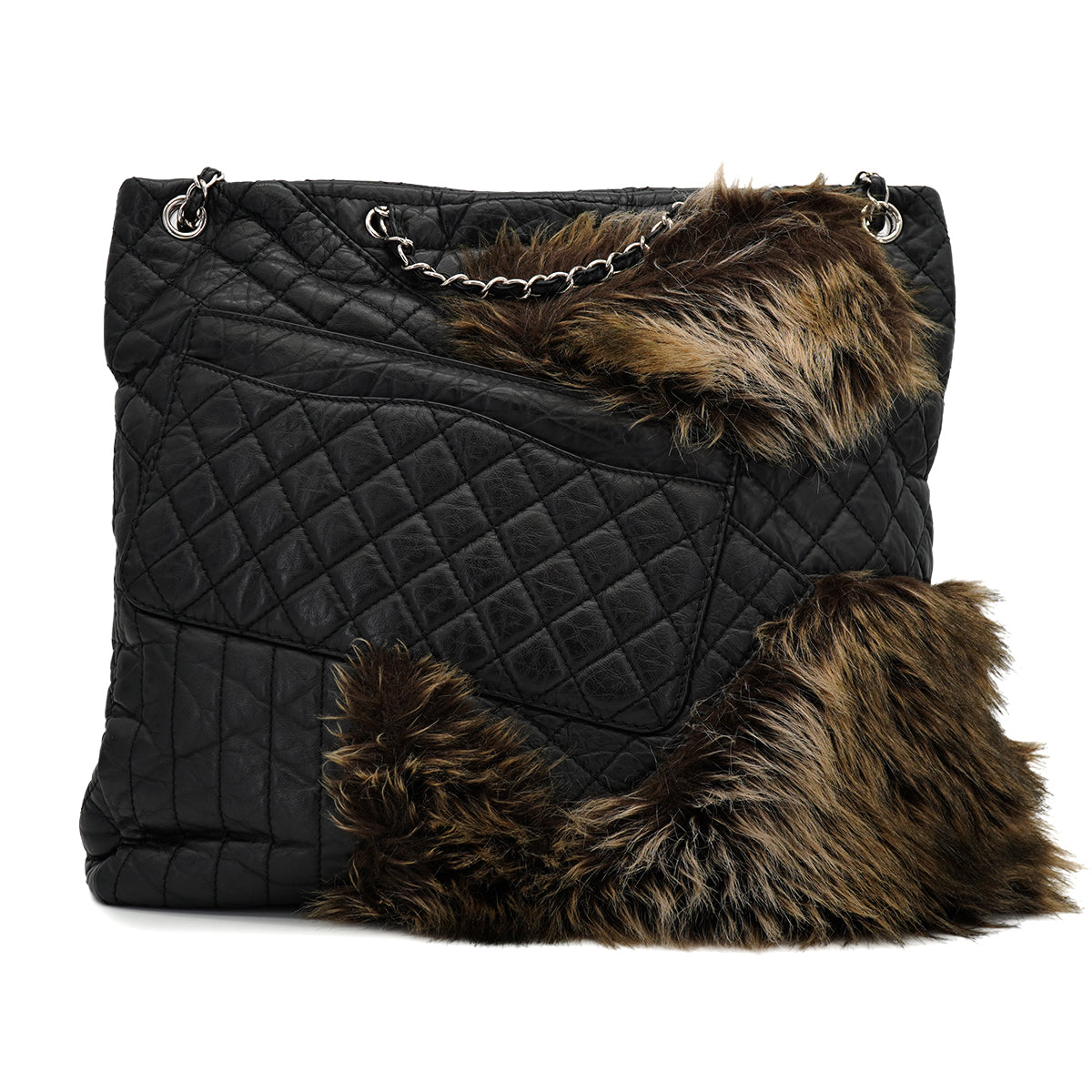 CHANEL 2.55 FAUX FUR CHAIN HAND SHOULDER BAG BLACK LEATHER SILVER HARDWARE 90328471