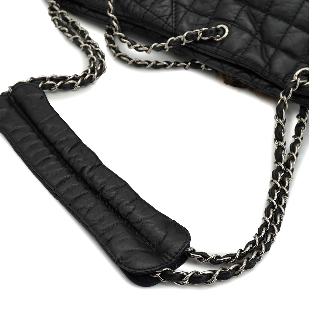 CHANEL 2.55 FAUX FUR CHAIN HAND SHOULDER BAG BLACK LEATHER SILVER HARDWARE 90328471