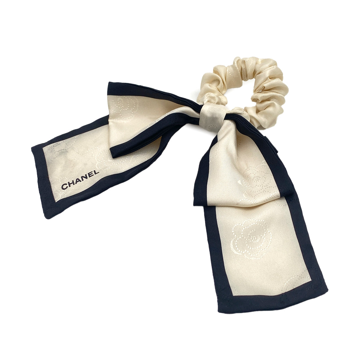 CHANEL CAMELLIA PATTERN SCRUNCHIE RIBBON BLACK WHITE SILK HAIR ACCESSORY 90325356