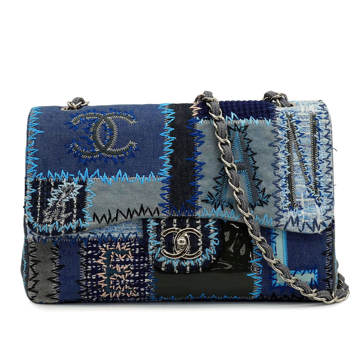 CHANEL CHAIN SHOULDER BAG PATCHWORK MULTICOLOR LEATHER DENIM TWEED SILVER HARDWARE 90347684
