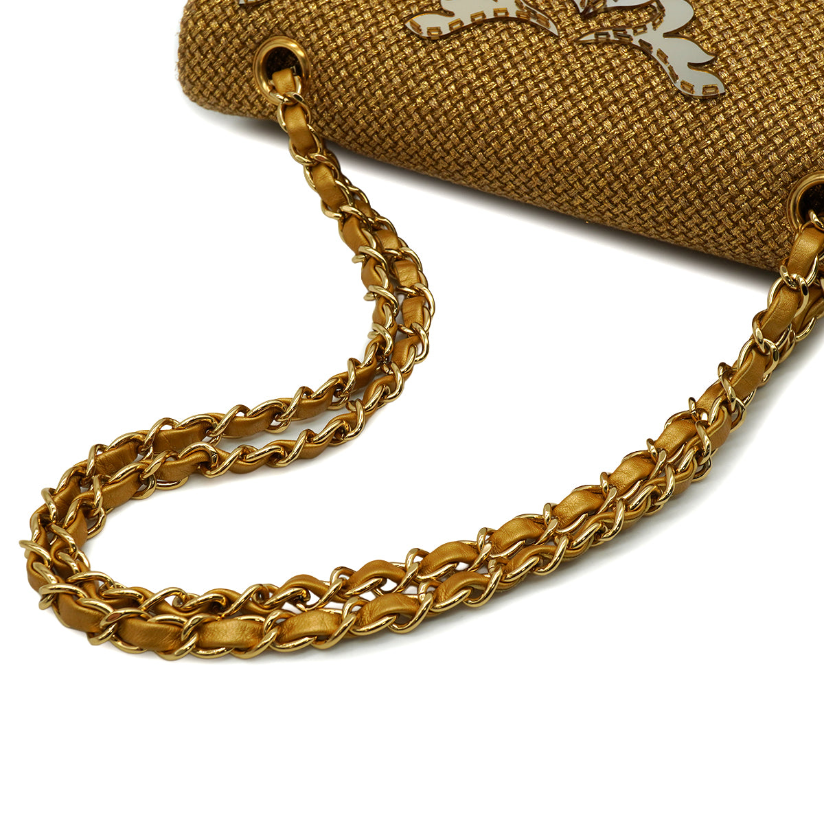 CHANEL CLASSIC FLAP MEDIUM CHAIN SHOULDER BAG RAFFIA MIRROR METALLIC GOLD LAMB SKIN GOLD HARDWARE 90347161