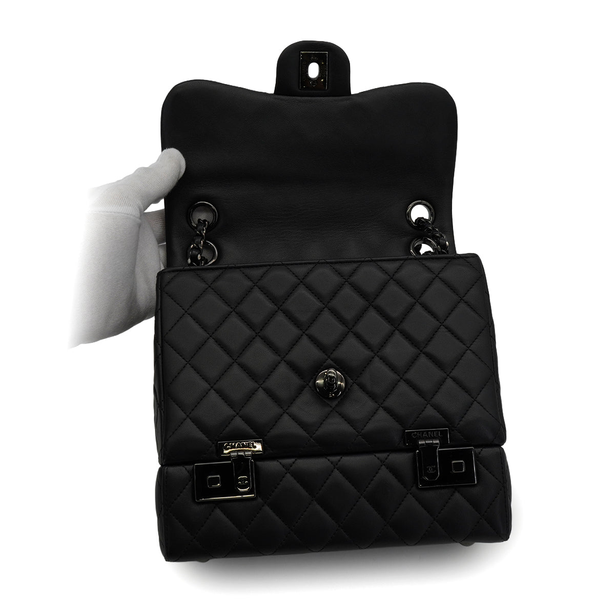 CHANEL COCKPIT FLAP CHAIN SHOULDER BAG BLACK LAMB SKIN BLACK HARDWARE 90341898