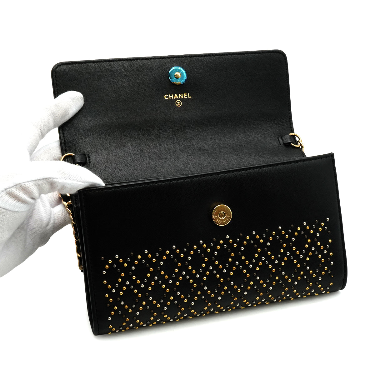 CHANEL COCOMARK LONG WALLET STUDS BLACK LAMB SKIN GOLD HARDWARE 90340477