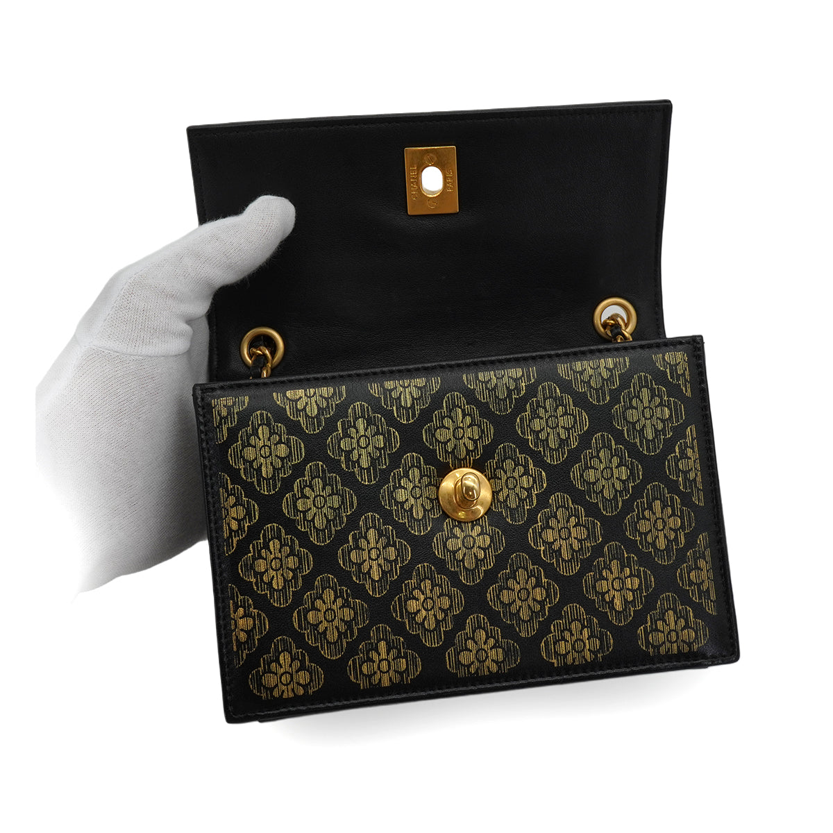 CHANEL CAMELLIA PATTERN METALLIC PRINT TURNLOCK CHAIN SHOULDER BAG BLACK LEATHER GOLD HARDWARE 90344459