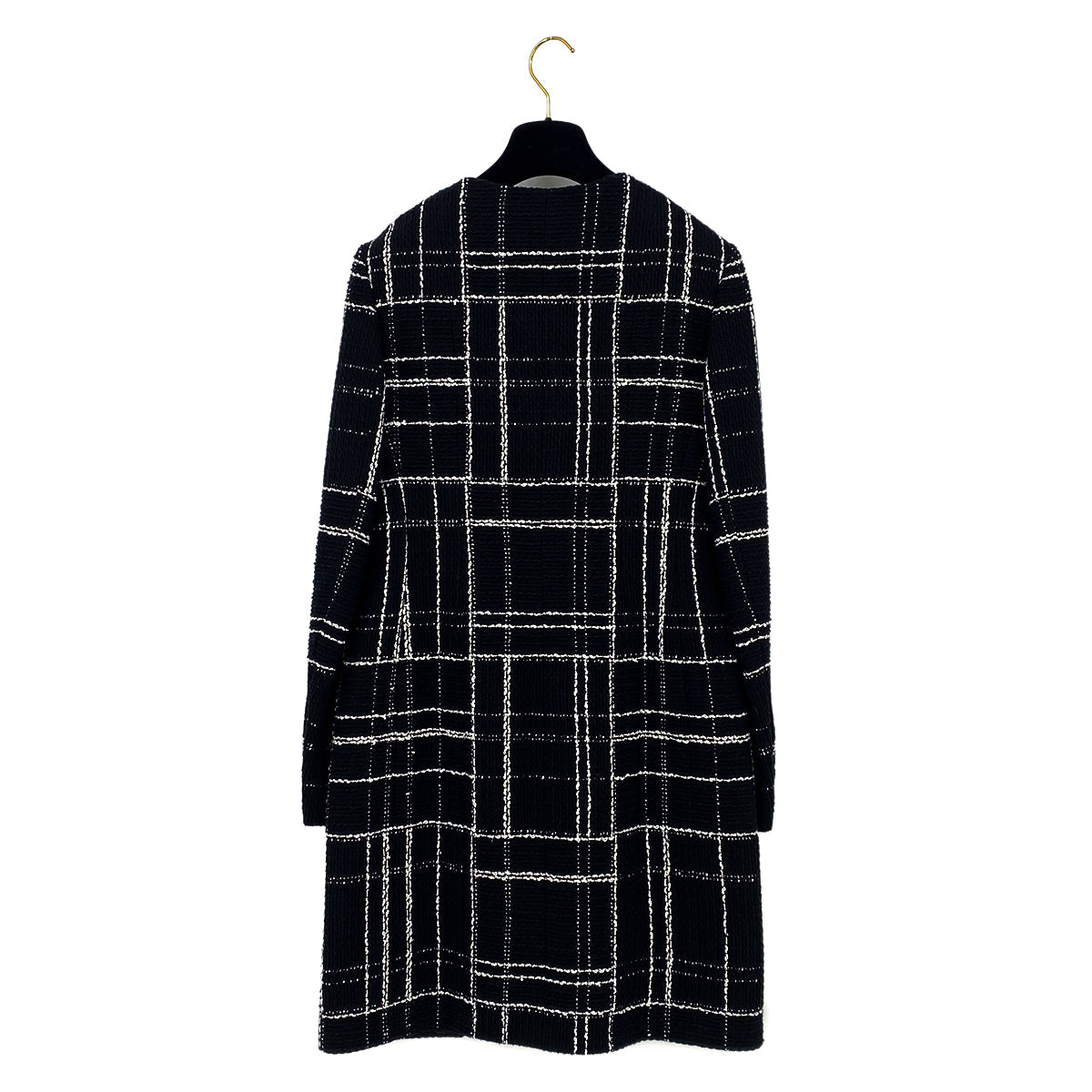 CHANEL COCO BUTTON CHECK PATTERN TWEED LONG COAT BLACK WHITE COTTON 38 P75 RTW 90319633