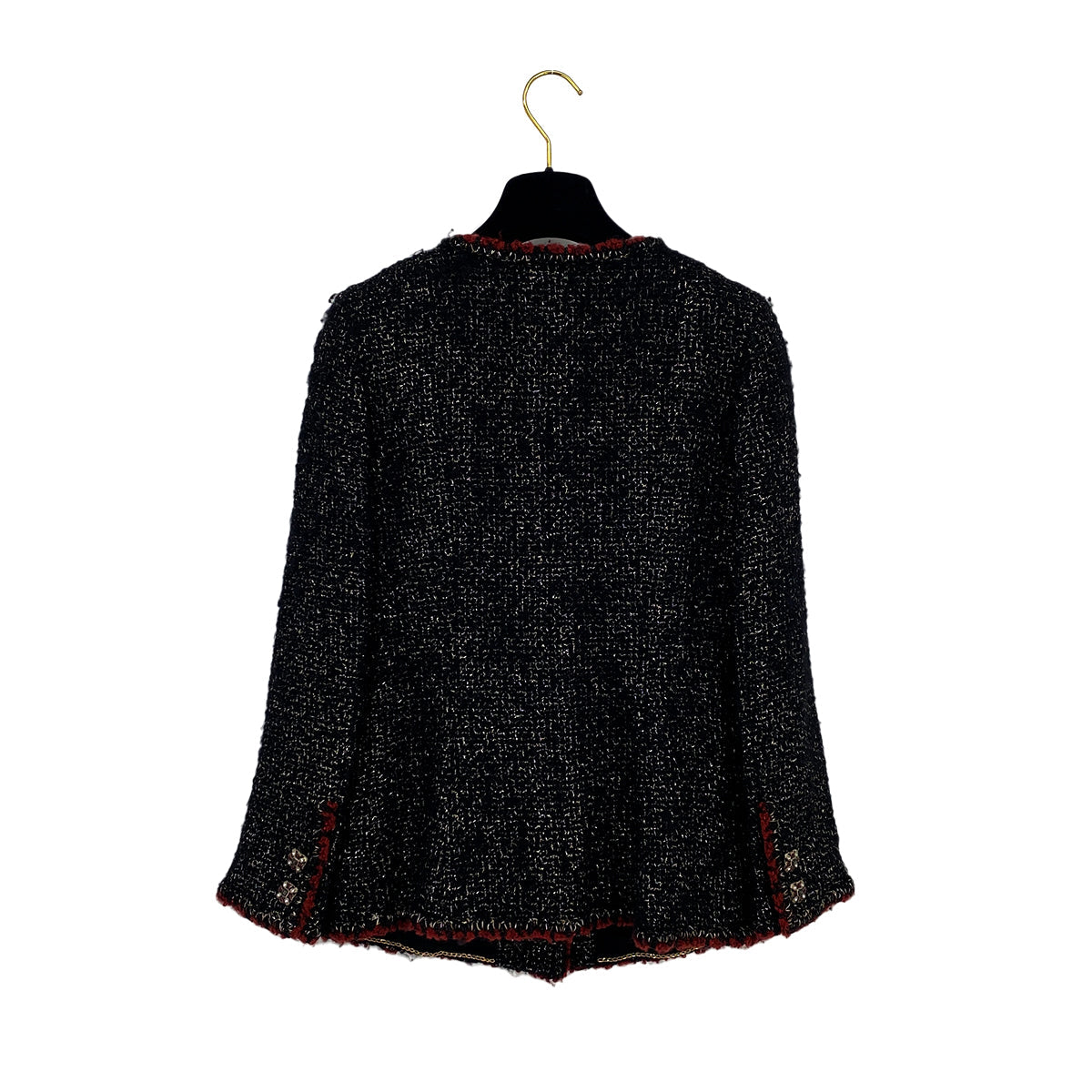 CHANEL COCO BUTTON RHINESTONE TWEED JACKET BLACK RED WOOL 38 P42 RTW 90319632
