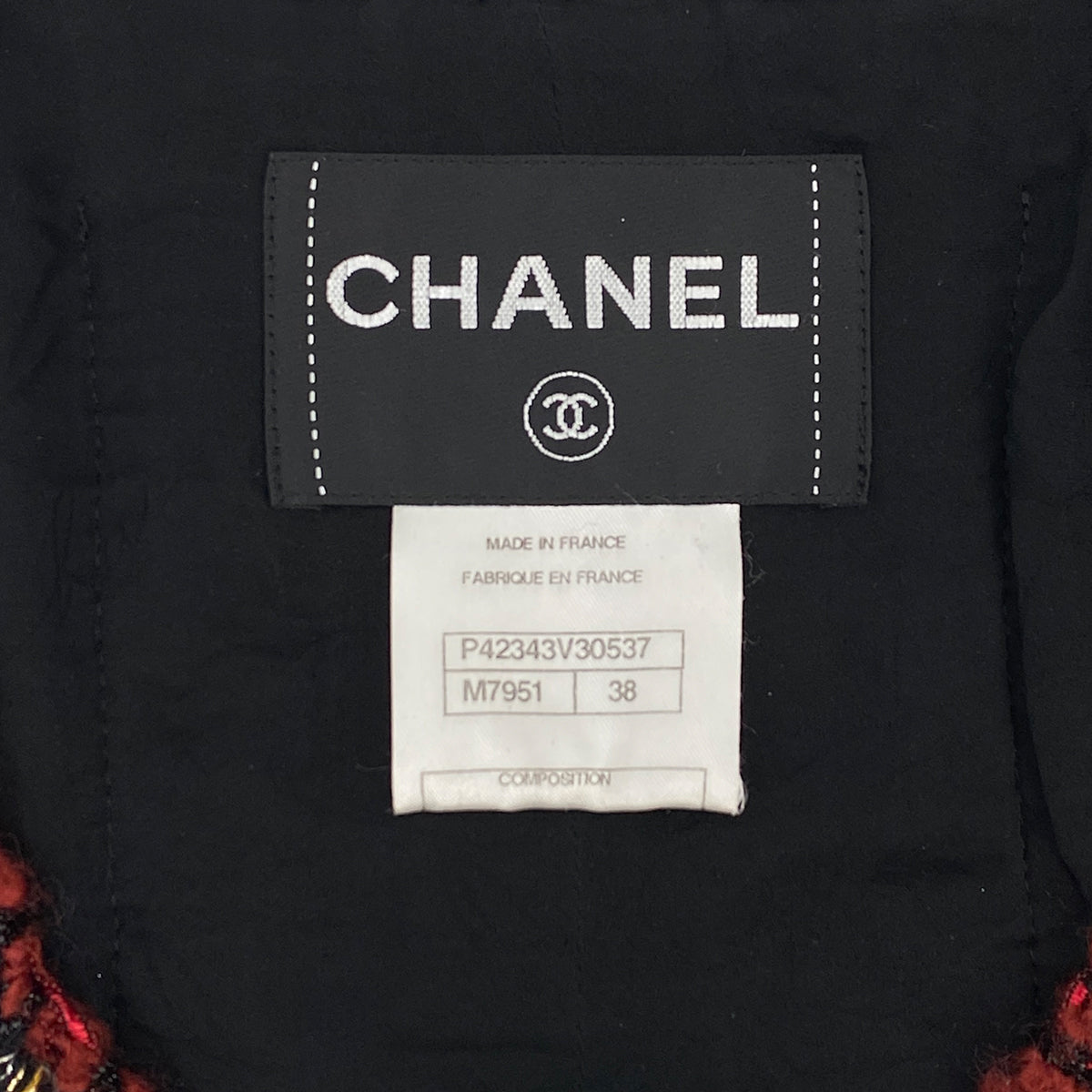 CHANEL COCO BUTTON RHINESTONE TWEED JACKET BLACK RED WOOL 38 P42 RTW 90319632