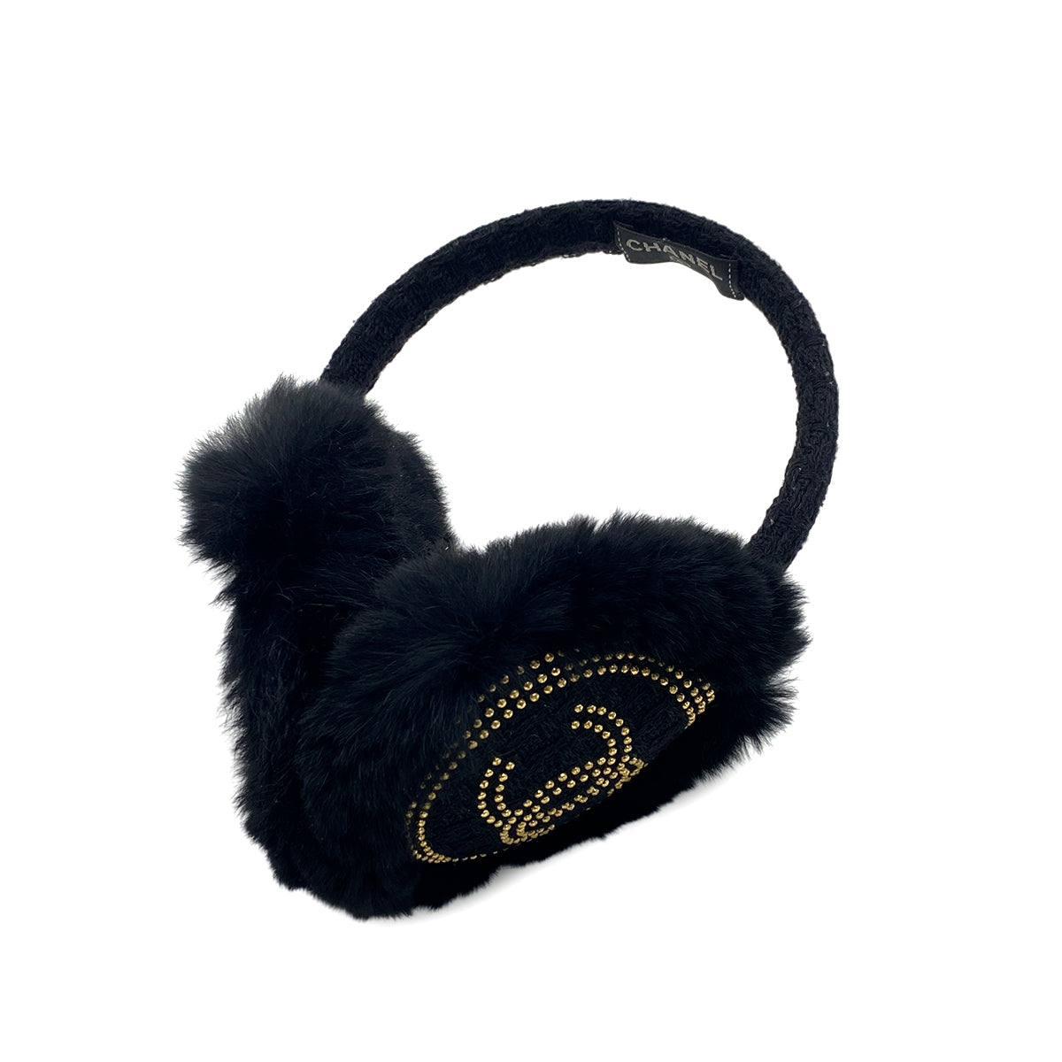 CHANEL EARMUFFS COCOMARK BLACK GOLD RABBIT FUR 90319709