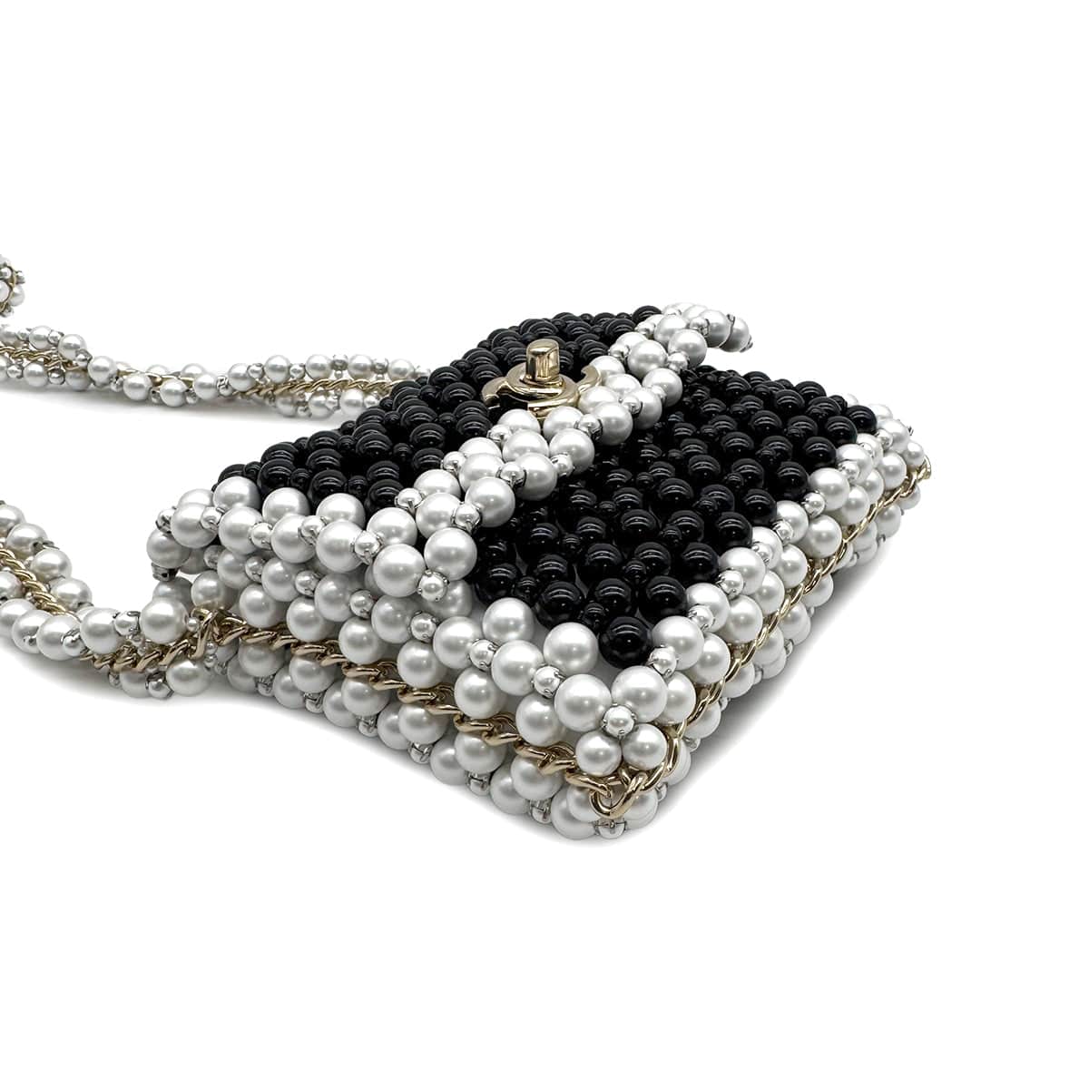 CHANEL FAUX PEARL CHAIN SHOULDER BAG WHITE BLACK GOLD HARDWARE 90317003