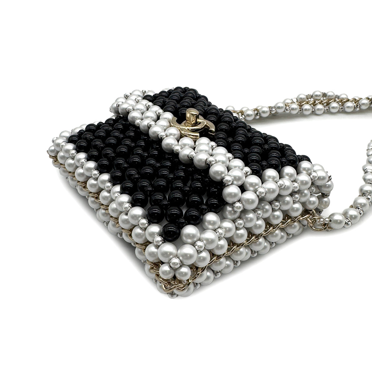 CHANEL FAUX PEARL CHAIN SHOULDER BAG WHITE BLACK GOLD HARDWARE 90317003