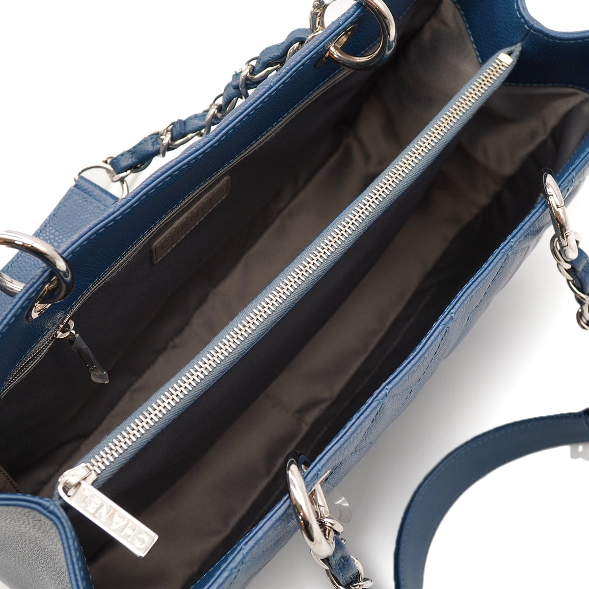 CHANEL GST BIG COCO CHAIN TOTE BAG BLUE CAVIAR SKIN SILVER HARDWARE 90346123