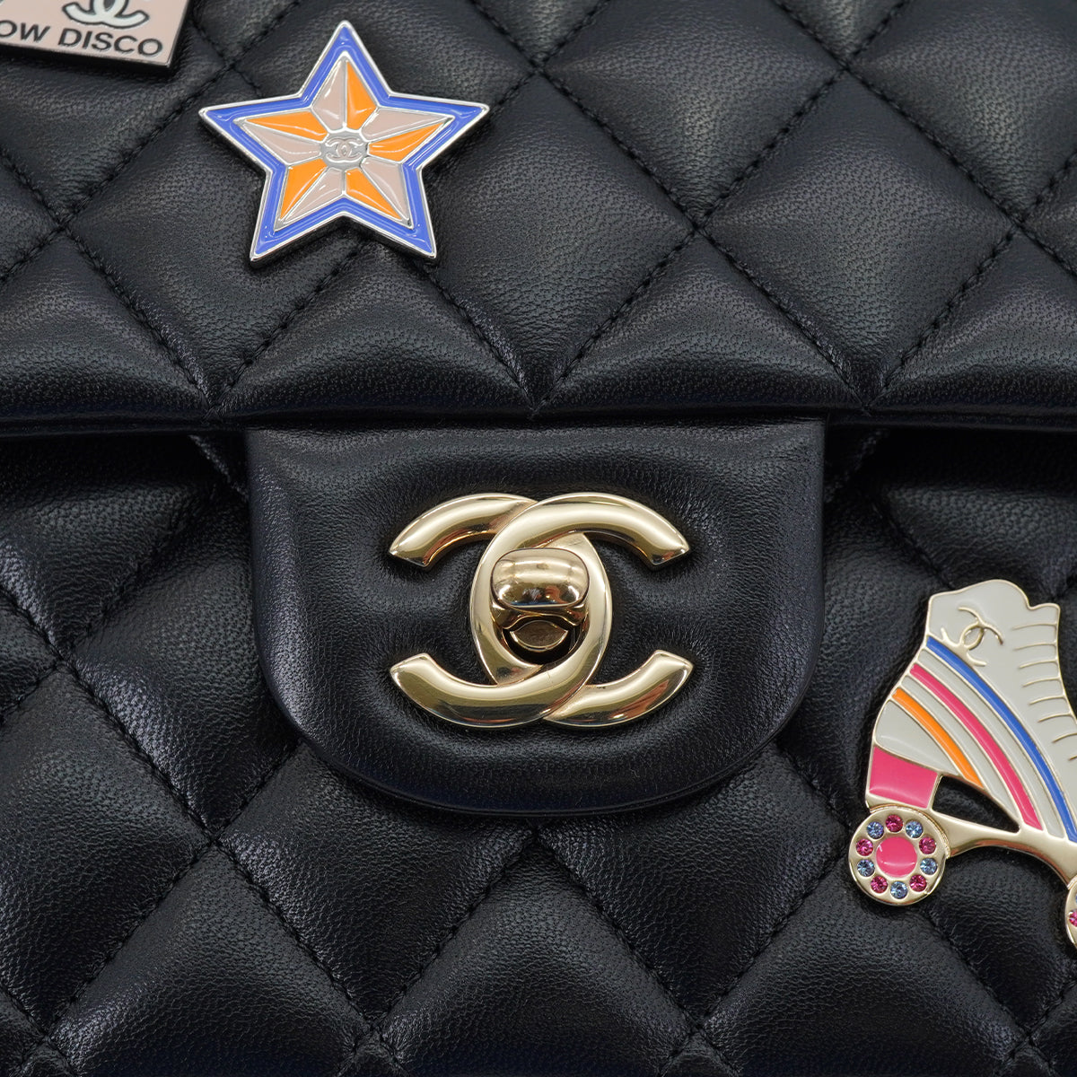 CHANEL HOLLYWOOD CHARM CLASSIC FLAP MEDIUM CHAIN SHOULDER BAG BLACK LAMB SKIN GOLD HARDWARE 90330994